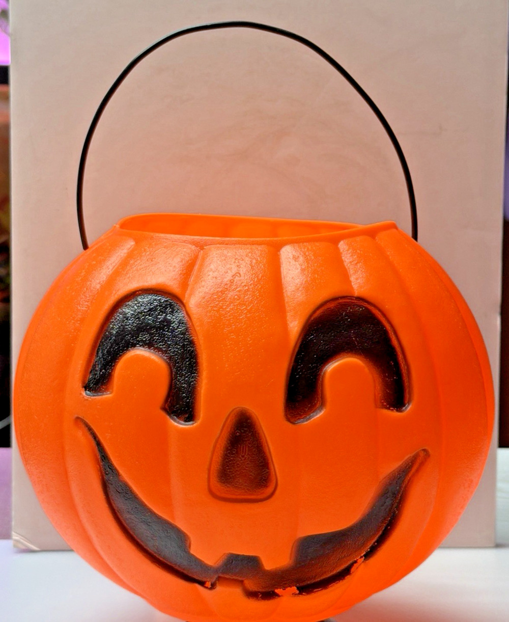 Vtg Union Products Halloween Blow Mold Pumpkin Jack O Lantern Candy Bucket Pail